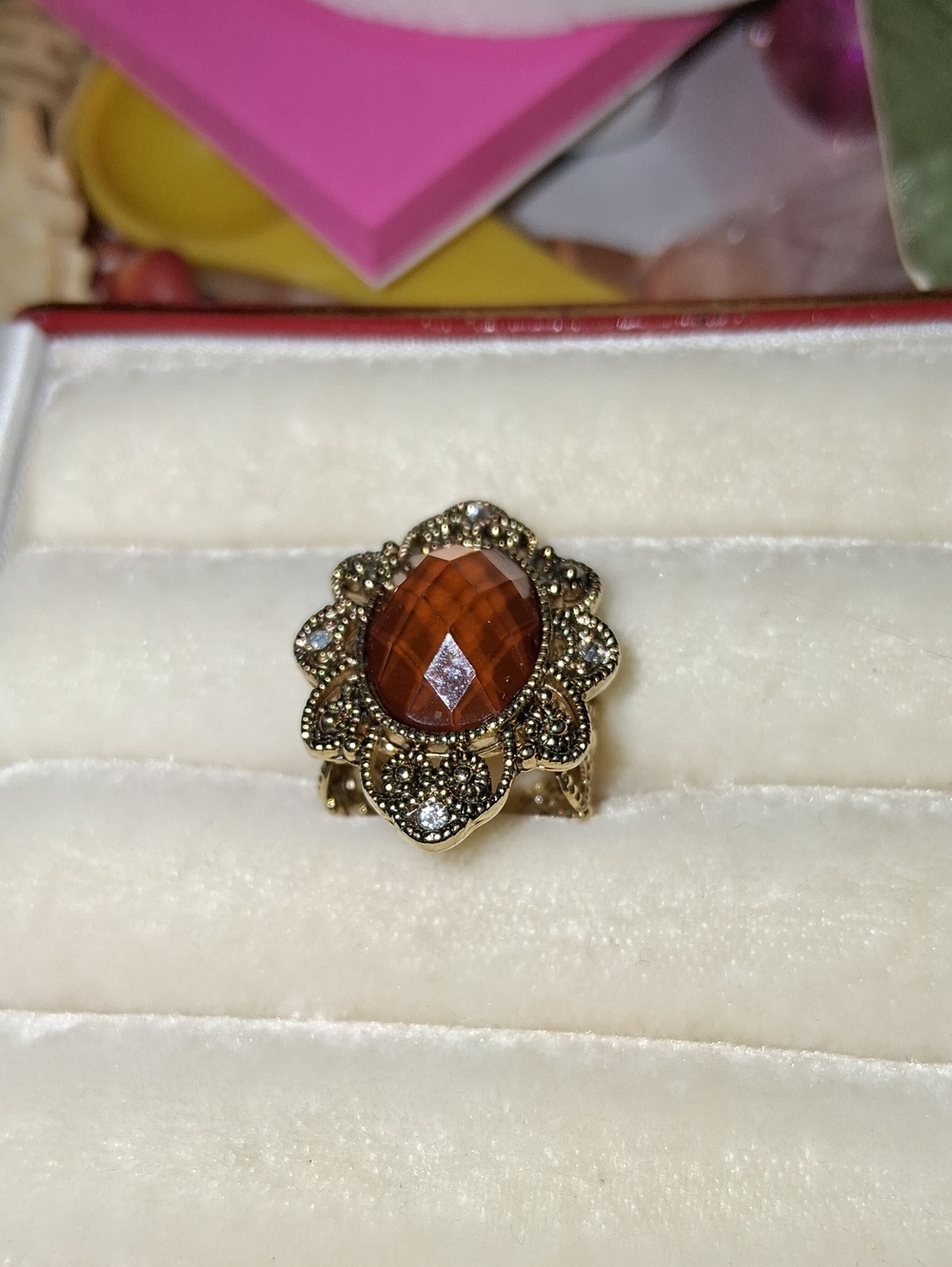 Vintage Gold-Tone Women's Ring with Amber Center Stone
